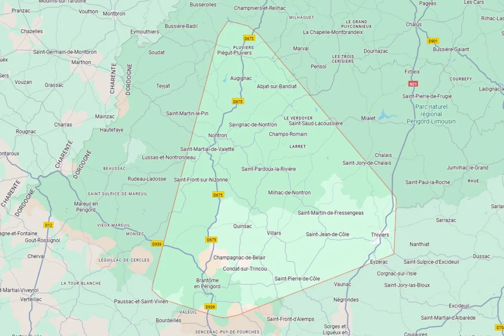 Carte de la zone d'activité du photographe portrait d'entreprise Ken Lecoq, comprise entre Nontron, Brantome et Thiviers.